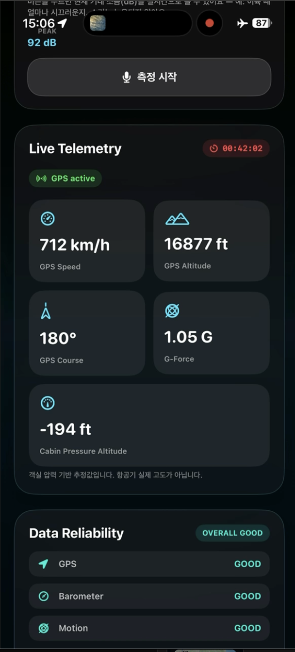 Live telemetry showing speed, altitude, course, G-force, and sensor reliability