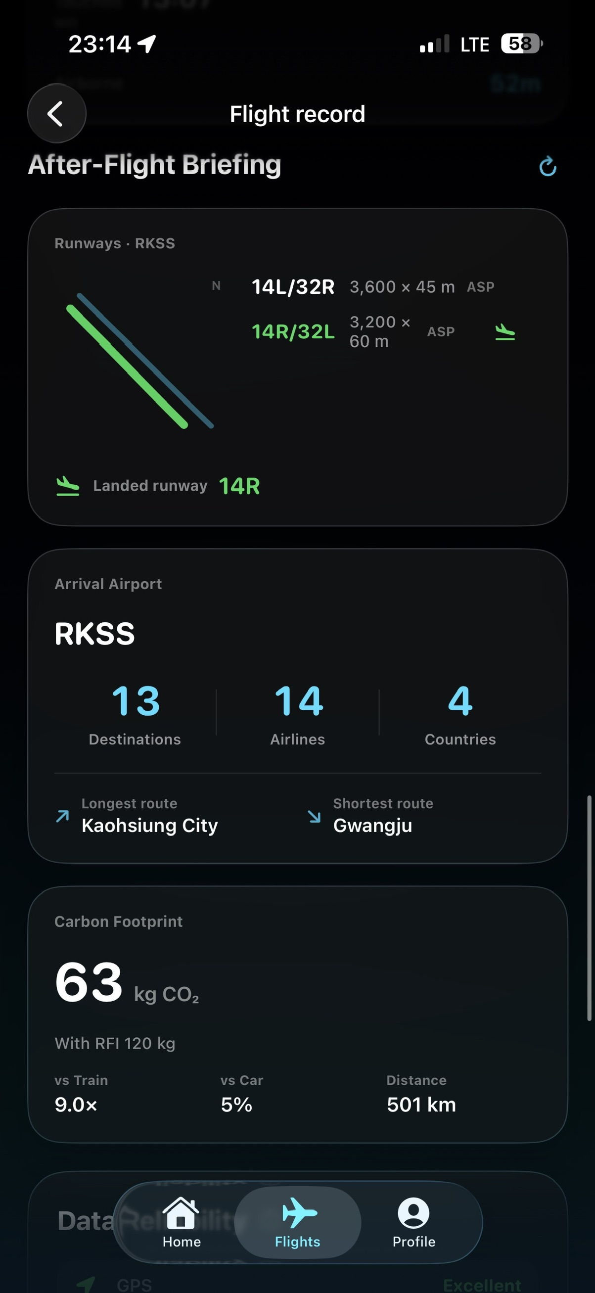 After-flight briefing with runway 14R highlighted as the landed runway